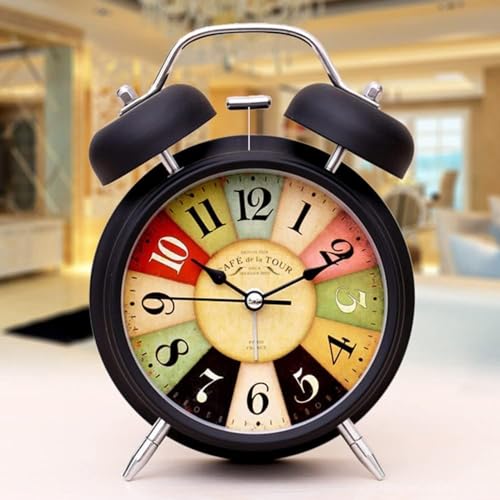 Image of Table Clock Retro Twin Bell Metal Frame Alarm Clock with Night Backlight Function & Silent Motion, Bedside Luminous Alarm for Students Bedroom /Office (Black Vintage)