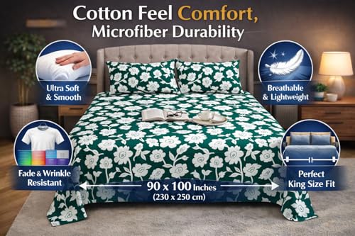 Image of Cotton Feel King Size Flat Bedsheet for Double Bed (90 x 100 Inches | 230 x 250 cm) with 2 Pillow Covers | Soft & Smooth Printed Bedsheet for Daily Use (Green-White, King Bed-90x100)