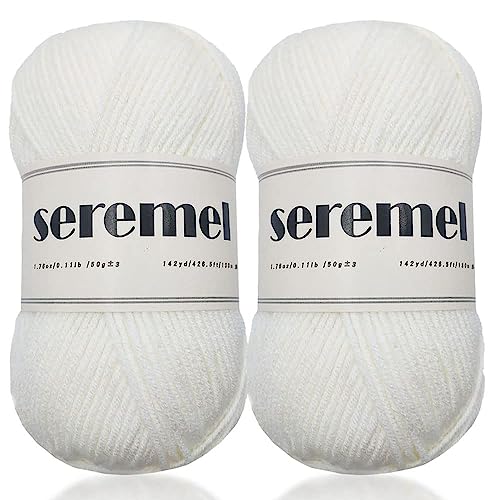 Image of Seremel 4-Ply Acrylic Soft Yarn, 2 Skeins Crochet & Knitting Yarn (White)