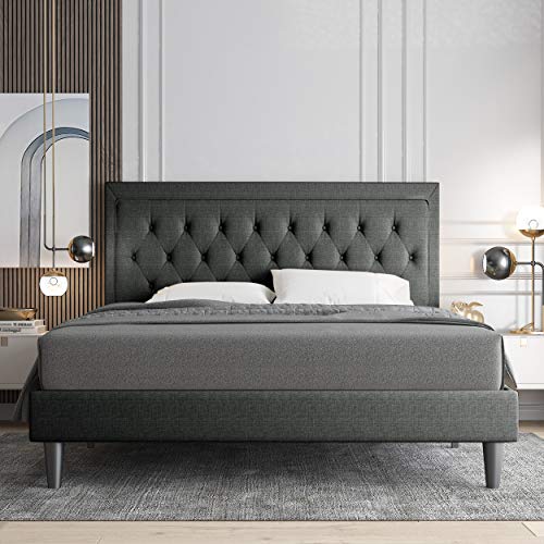 Allewie Queen Size Button Tufted Platform Bed Frame/Fabric Upholstered Bed Frame With Adjustable Headboard/Wood Slat Support/Mattress Foundation/Dark Grey (Queen) #TOP2