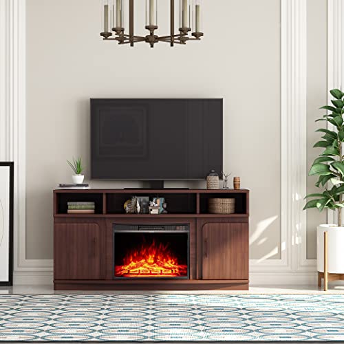 Fireplace Tv Stand With A 23'' Electric Fireplace Insert, Modern Entertainment Center With Storage Cabinet And Adjustable Shelves, Console For Tvs Up To 65'' For Living Room, Bedroom, Rustic Walnut #TOP4