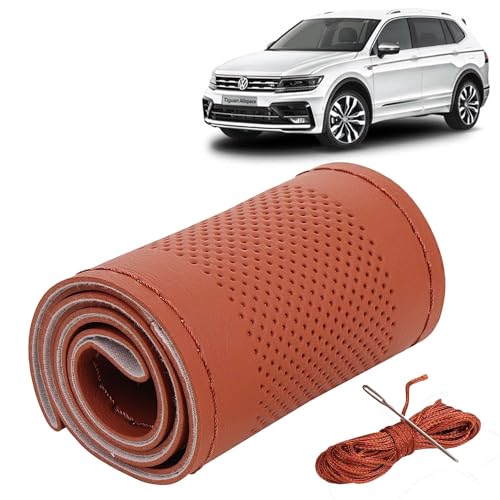 Image of KINGSWAY PU Leatherite Car Steering Cover Sewable Compatible with Volkswagen Tiguan (Year 2021 Onwards), Tan Color with Tan Thread, Pack of 1 with Sewing Needle and Thread