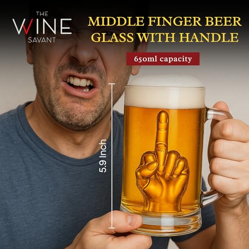 Image of Middle Finger Beer Glass Muf with Handle - Tall Drinking Glasses for Beer, Whiskey, Cocktails, Funny Gag Gift for Him, Men Holiday, Birth Day, Birthday, 12.5 oz Thick Glassware, Tall Glass for Men