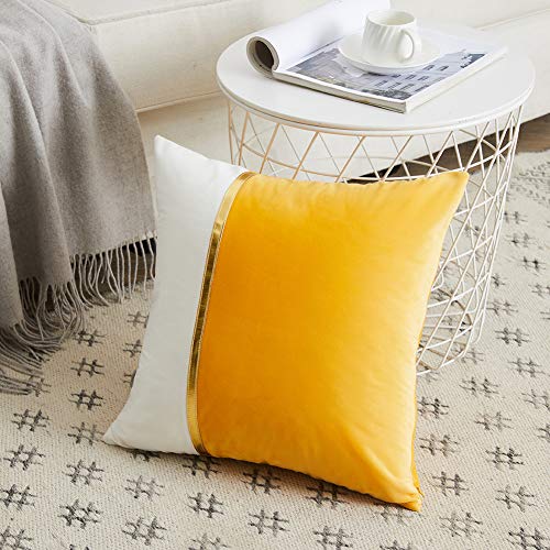 Image of Fancy Homi 2 Packs Yellow Decorative Throw Pillow Covers 18x18 Inch for Living Room Couch Bed, Yellow and White Velvet Patchwork with Gold Leather, Luxury Modern Accent Square Cushion Case 45x45 cm
