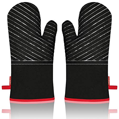 HONZUEN Manopla Horno, Guantes Horno, Guantes Cocina Resistentes al Calor con Superficie de Silicona Antideslizante, Engrosamiento, Protección de la Muñeca, para Cocinar y Hornear(1 Par Negro)