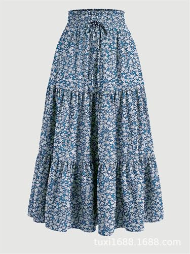 Women's Summer Floral Maxi Skirt Elastic High Waist Flowy Tiered Long Skirts A-Line Boho Skirt with Pockets2