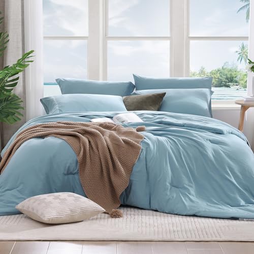 Image of Queen Comforter Set-7 Pieces Soft Prewashed Bed in a Bag Queen Bedding Sets | All Season Comforter with Sheets, Pillow Shams & Pillowcases, Sky Blue