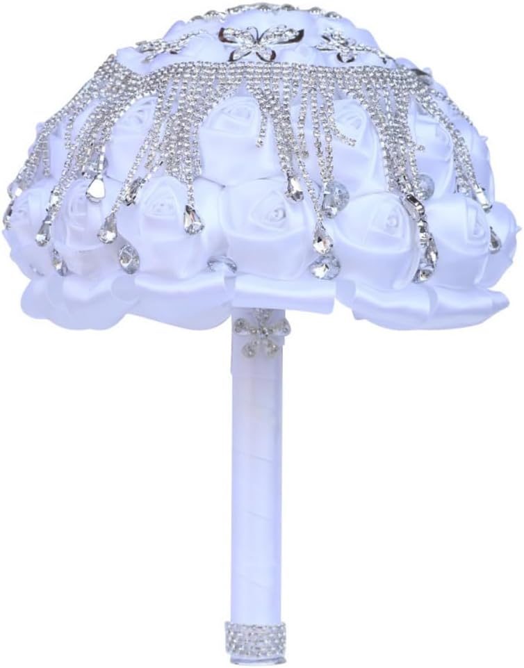 White Bridal Wedding Bouquet Luxury Silver Rhinestones Brooch Bouquet for Bride Bridesmaid Quinceanera Artificial Satin Rose Flower Bouquet Wedding White 7.1in