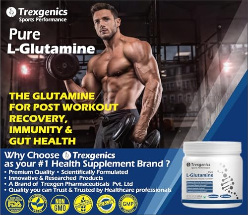 Image of Trexgenics L-GLUTAMINE Pure Powder (50 Servings) Muscle Building Block for Strength & Growth, Leaky Gut Health, Immunity (250 gm) (Pack of 1)