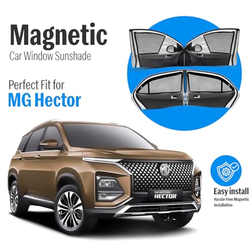 Image of Autofact Magnetic Car Sunshades Compatible with MG Hector (Set of 4) - Easy Installation, UV Protection, Keeps Car Cool (Front 2 Half-Cut for Side Mirror Visibility, Rear 2 with Zippers)