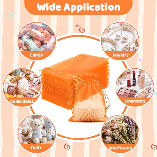 Image of FUNFERY 100Pcs Orange Organza Bags 4X6 in,Small Mesh Drawstring Gift Bag | Little Jewelry Bags for Wedding Party Favors, Mini Drawstring Pouch for Sachet, Candy, Goodie, Treat Bag for Easter Day