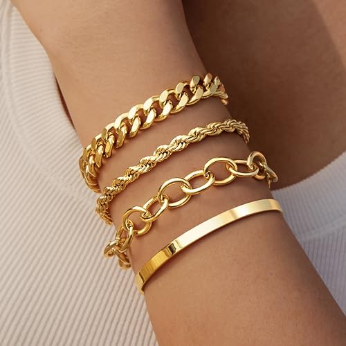 Chunky Gold Link Bracelets for Women Non Tarnish, 14K Gold Plated Bangle Cuff Bracelets Set for Women Trendy Dainty Cuban Paperclip Twist Layered Bracelet Stack for Jewelry Gifts3