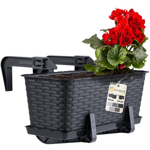 KADAX Jardinière Suspendue Extérieure 40 cm, Balconnière en Plastique Aspect Rotin avec Supports de Fixation Intégrés et Soucoupe (Anthracite)
