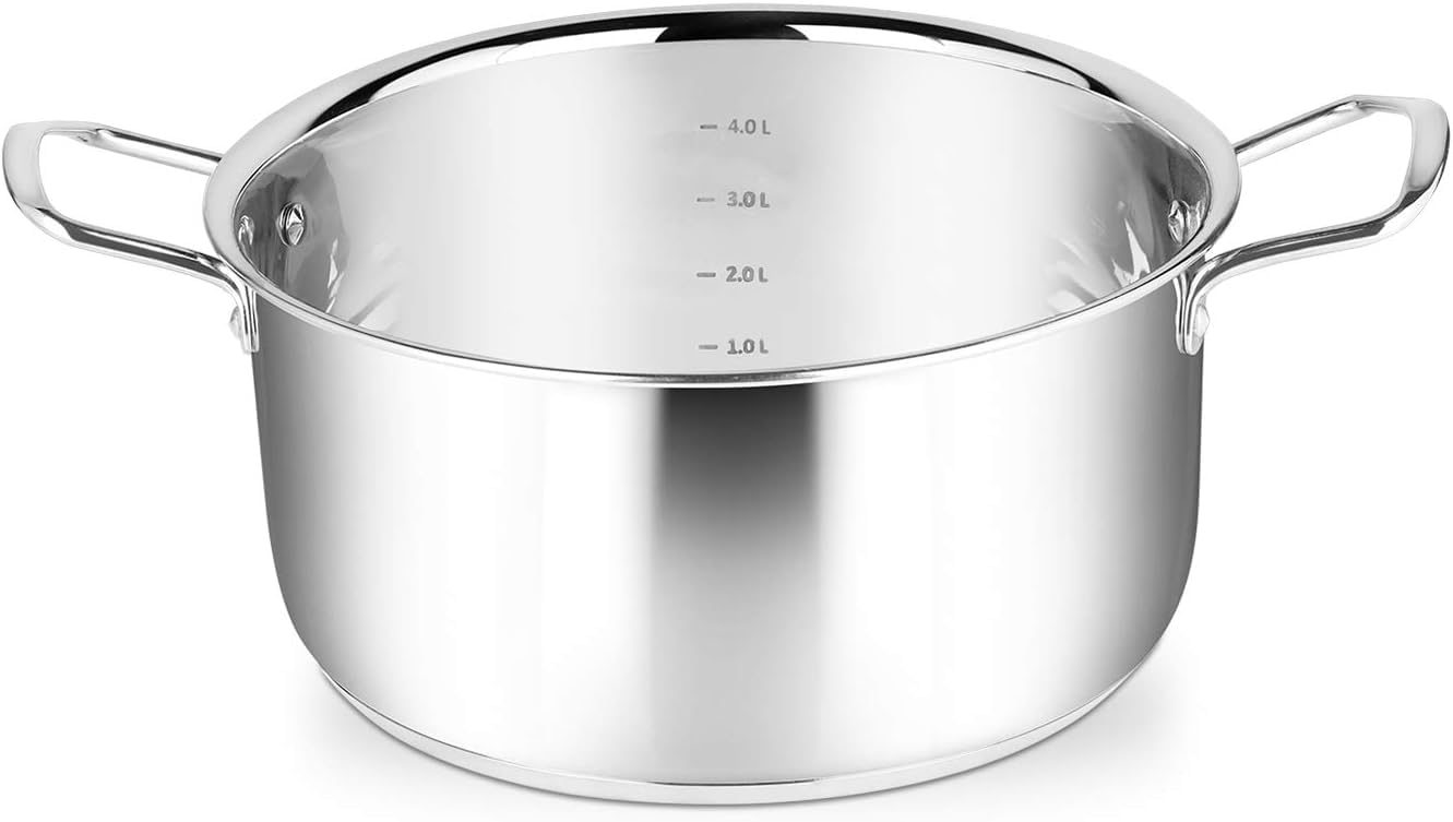 Penguin Home - Professional Induction-Safe Stainless Steel Casserole Pot with Lid - Sturdy Steel Handles, 24 x 12 cm/5 Litre
