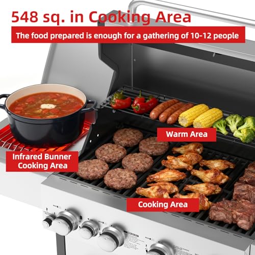 Image of Veralune 4 Burner Gas Grill with Side Burner, 4 Burner Outdoor Cooking Grill with Infrared Side Burner, Outdoor BBQ Grill with Oil Tray, Built-in Thermometer, Enameled Cast Iron Grates, 55,000 BTU