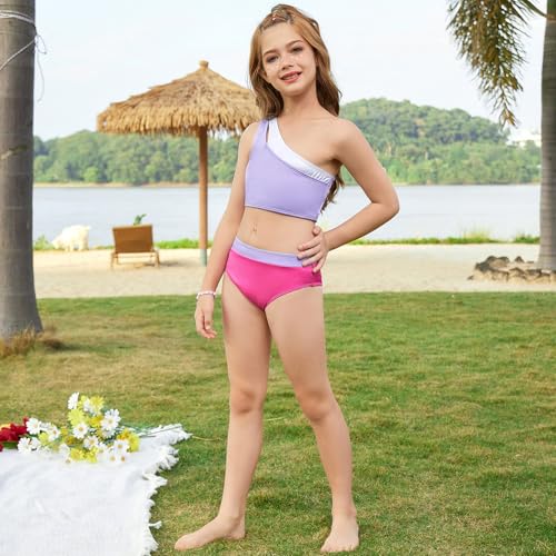 Image of Mirawise Girls Swimsuit One Shoulder Metallic Patchwork Neckline Bathing Suit 2 Piece Bikini
