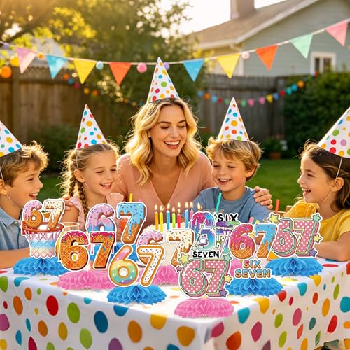 Image of 6 7 Birthday Decorations, Funny Six Seven Donut Ice Cream Table Honeycomb Centerpieces for Kids Teens Adults 67 Meme Themed Party Favors Supplies