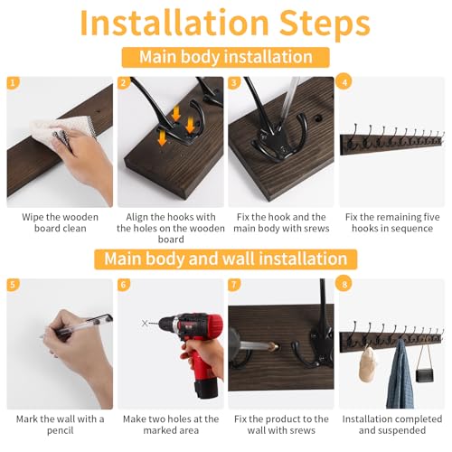 Image of IBosins Wall Mounted Coat Rack with 10 Decorative Hooks, 34'' Long, Old Wood Color Coat Hanger, Rustic Coat Hooks Rail for Entryway Living Room Coat Scarf Bag Towel Hat