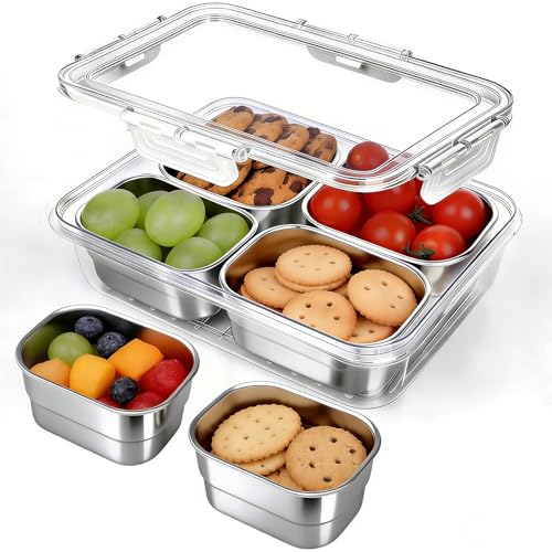 Snackle Box Behälter Edelstahl-Lebensmittelbehälter mit 4 Fächern Durchsichtige Unterteilte Obst- Nuss- und Gemüseschale für Küche Picknick Party