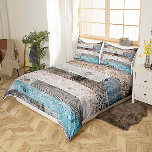 Splicing Wooden Stripes Duvet Cover Queen Size Western Farmhouse Style Comforter Cover With 2 Pillowcases For Teens Adults Blue Grey Old Barn Door Bedding Set 3 Pcs Decorative Bed Cover #TOP1