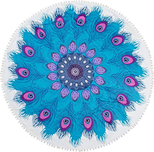 styleBREAKER Toalla para la Playa Redonda con Motivo Ornamental de Plumas y pompn, Toalla de Mano, Toalla de bao, Unisex 05050078, Color:Azul-Violeta