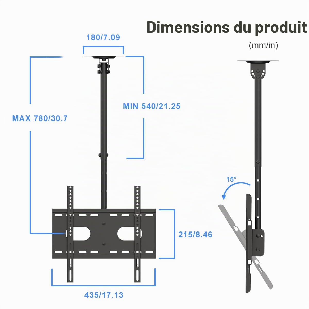 Suptek Support TV Plafond pour Téléviseurs LCD LED Plats/Incurvé de 26 à 65 Pouces, VESA jusqu'à 400×400mm Charge 45 kg, Inclinaison à 15° et Rotation à 360°, Support Mural TV - MC4602