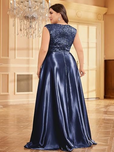 Image of Plus Size Satin Mother of the Bride Formal Gown for Wedding Sleeveless V-Neck Evening Dress