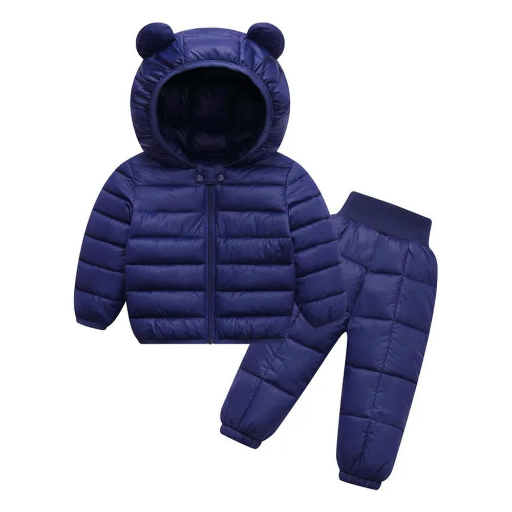 ZBDP - Tuta imbottita per bambini, autunno/inverno, in cotone, con giacca e pantaloni a tinta unita, set da due pezzi, con cappuccio e pantaloni