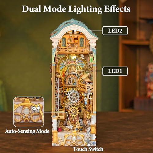 Image of Tonecheer DIY Book Nook Kit for Adults, 3D Wooden Puzzle Bookend Miniature House Kit, Booknook Bookshelf Insert Decor with Dust Cover and LED Lights Gifts (Clock Tower)