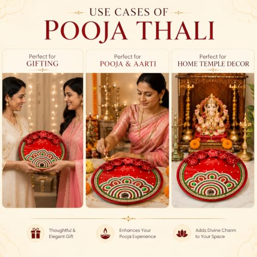 Image of Trendifly Decorative Metal Pooja Thali Set with 5 Diya Holder | Kundan Stone Mirror Work Puja Aarti Thali Set for Home Mandir Temple Room | Home Ceremony Pooja Wedding Baby Shower Return Gifts Items