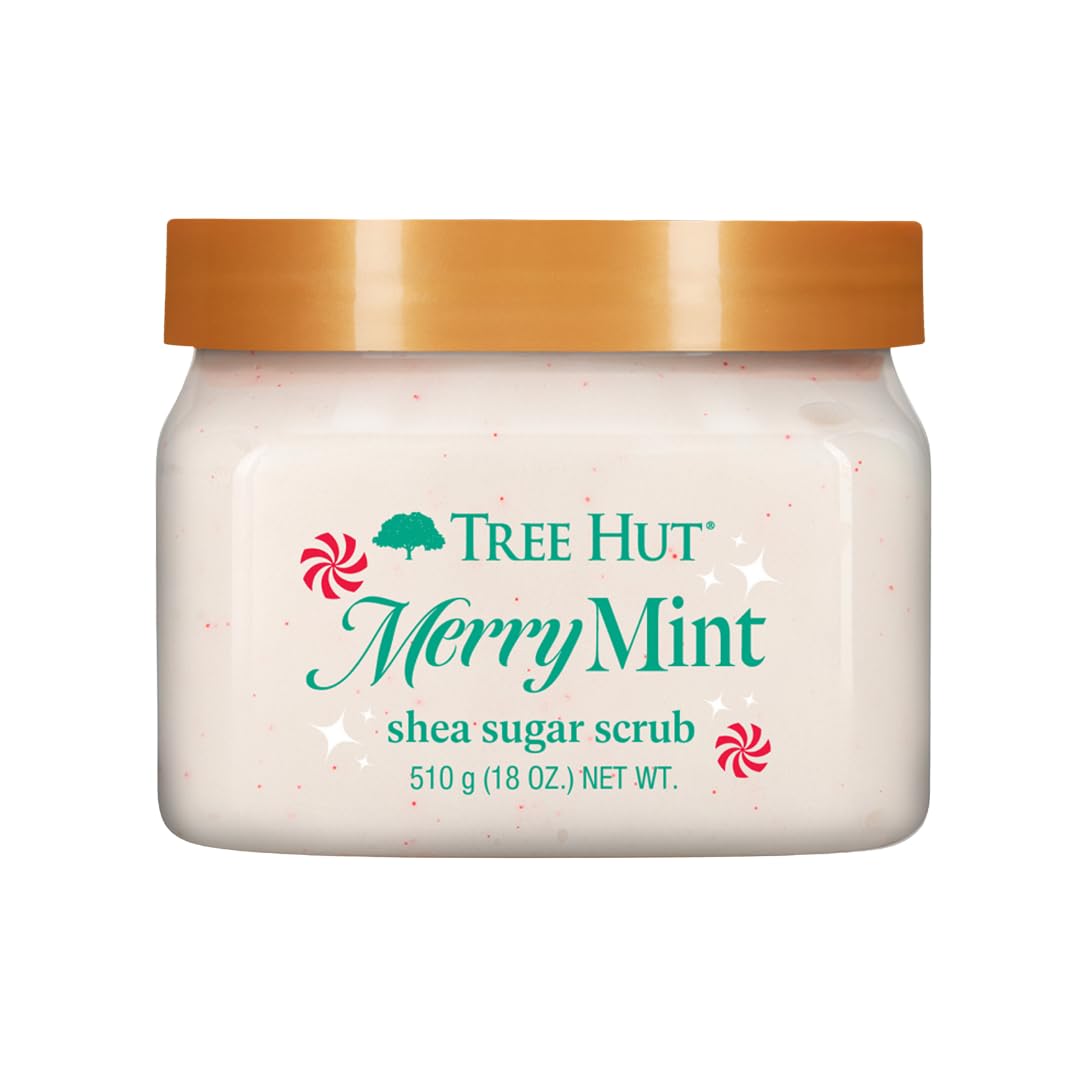 Tree Hut Merry Mint Shea Sugar Scrub, Exfoliating & Hydrating Body Scrub with Shea Butter & Essential Oils, Smooth Skin, For All Skin Types, Holiday Gift & Stocking Stuffer, Vegan, 18 oz