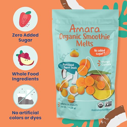 Image of Amara Smoothie Melts - Mango Carrot - Organic Baby Snacks w / Fruits & Veggies - Plant Based Yogurt Melts - Healthy Toddler Snack - Activity Book Included - Enjoy From 10+ Mos - 6 Resealable Bags