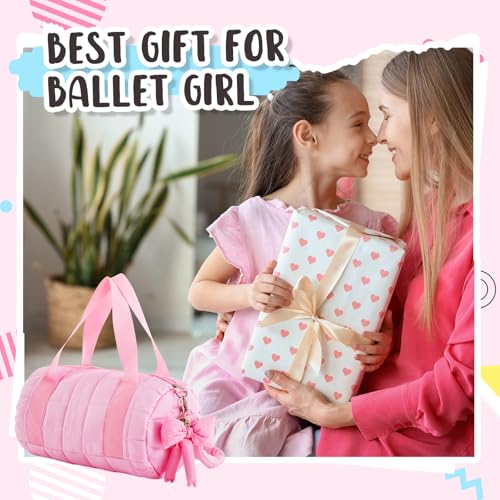 Image of 12.8 Inches Quilted Puffer Ballet Dance Bag Cute Tote Bag with Hanging Bow Pendant for Travel Dancing Dress