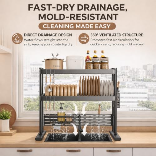 Image of COMFYHOME Over Sink Dish Drying Rack, 2 Layer, Kitchen Sink Dish Rack, for Plates, Bowls & Utensils, Rust-Resistant and Sturdy(80cm*30cm*81cm)