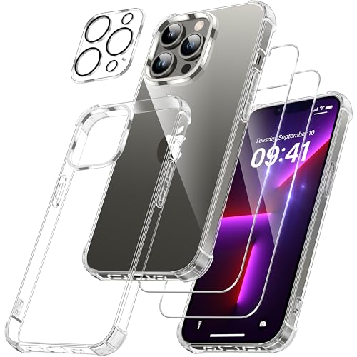 FLLAO 4 en 1 Funda para iPhone 13 Pro MAX con 2 Protector Pantalla y 1 Protector Lente Cámara, [Almohadilla de Aire integrada] Antigolpes Antiarañazos Carcasa 6,7 Pulgadas, Transparente