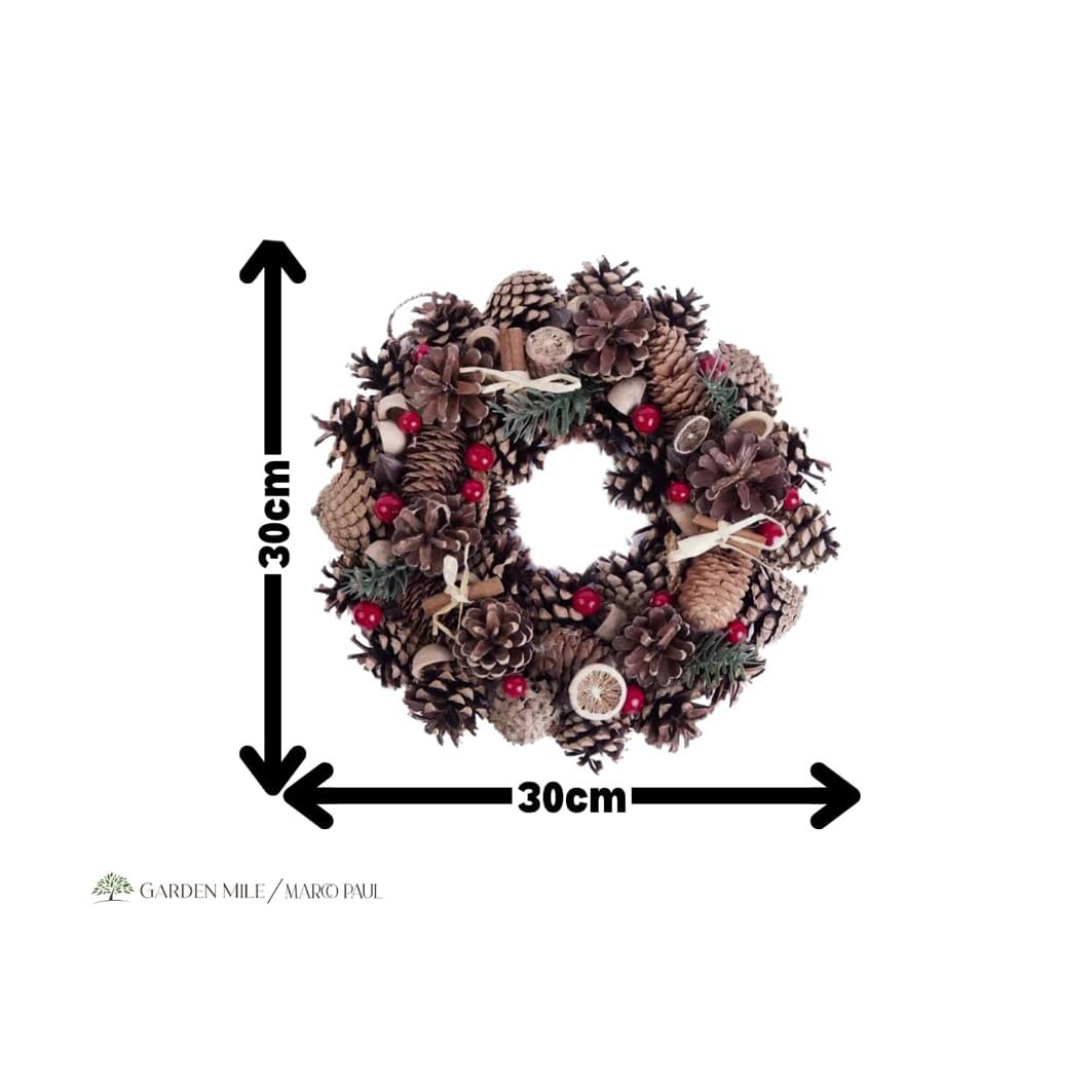 Marco Paul Christmas 24cm Wreath with Pinecone Festive Decorative Rustic Xmas Hanging Décor Garland Traditional Decorations indoor Christmas wreath (Orange and Red Berry)
