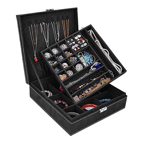 Opret Jewelry Box for Girls, Jewelry Organizer with Lock Two-Layer Lint Jewelry Storage Case Jewelry Display for Women (Black)