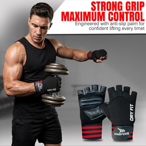 Image of Mayor Premium Dryfit Gym Gloves for Men & Women with Wrist Support Accessories for Weightlifting, Training, Exercise, Cycling Gloves, Bike Riding Gloves, Polycotton Blend (Red /Black)