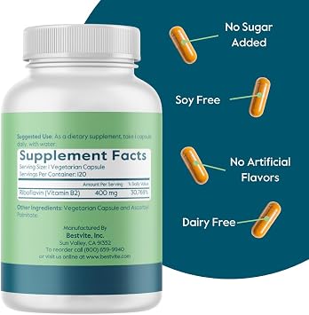 BESTVITE Vitamin B-2 (Riboflavin) 400mg (120 Vegetarian Capsules) - High Potency Energy, Skin & Cellular Health Healthy Nervous System Support Vegan Non GMO Gluten Free No Stearates