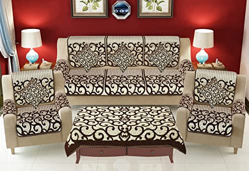 Image of SAWNA Homes 5 Seater Sofa Set with Cushion & Table Cover for Living Comfort - 3 and 2 Seater Arm Cover Set for Home Sofa Couch - 16 Pcs Chenille Slip Cover for Furniture Protector, (Coffee)