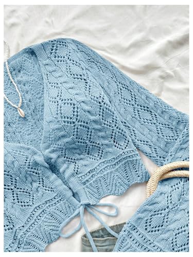 SHENHE Women's Crochet Knit Crop Top Hollow Out V Neck Drawstring Cropped Sweater Pullover4