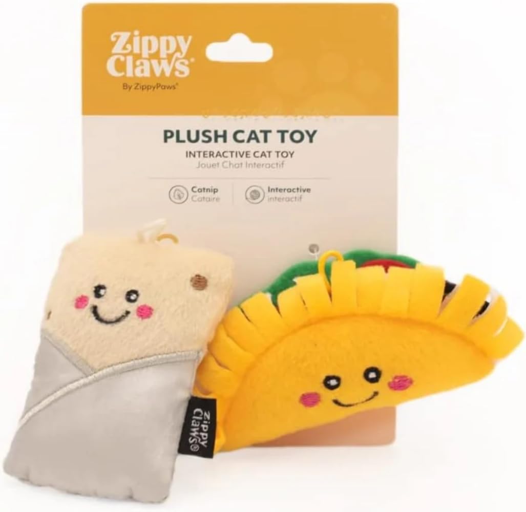 ZippyClaws NomNomz - Taco & Burrito Catnip Toy, Cute Cat Toys for Kittens & Indoor Cats, Funny Plush Cat Toy Gifts, Small Novelty Kitty Toys for Bored