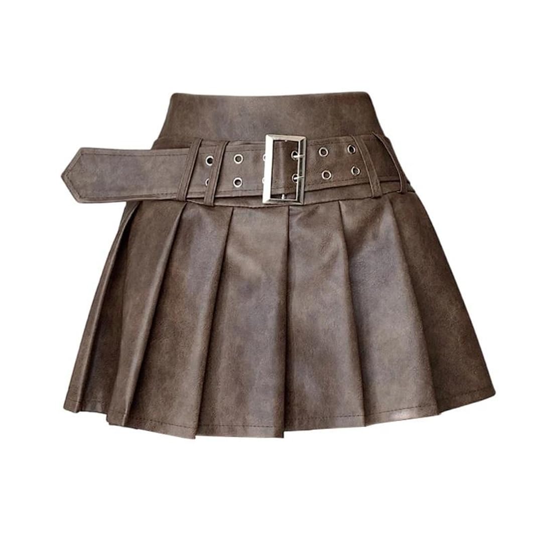 Kelsiop Minifalda plisada de piel sintética gótica para mujer, estilo punk, estilo Harajuku Streetwear