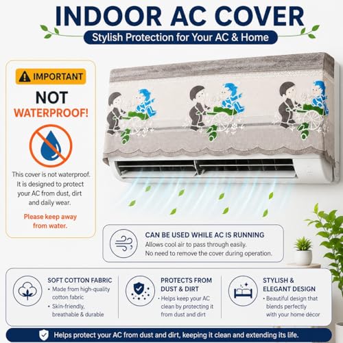 Image of Combo Cotton Net Split AC Cover Indoor Unit for 1.5Ton Capacity AC, Premium Work Indoor AC Dust Protection Cover Designer Summer Ac Cover for 1.5Ton Ac (38 X 15.35 X 7.8 inch, Brown & Grey)