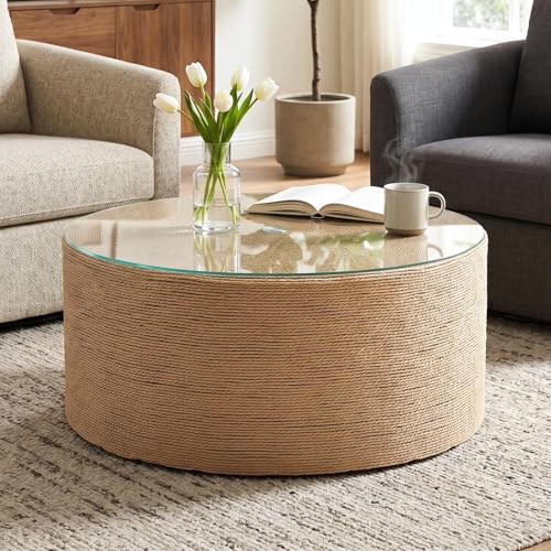 DM Furniture 27.5 Round Coffee Table with Glass Top Boho Woven Rope Drum Center Table with Wood Frame & Metal Accent Modern Farmhouse Circle Coffee Table for Living Room Office Fully Assembled