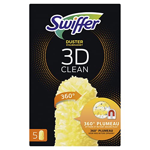 Swiffer Duster Plumeau 3D Clean, Plumeau 360°, 5 Recharges, Attrape et Retient la Poussière, Nettoyage 360°