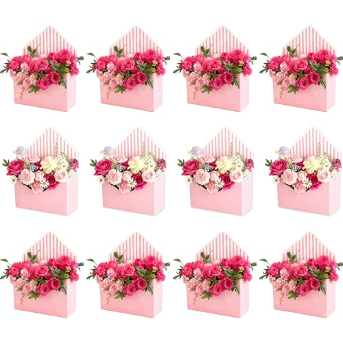 FYSUIMU 12Pcs Mothers Day Floral Envelope Box Empty Flower Stripe Paper Box Florist Bouquet Packaging Box for Valentines Day Gifts Wedding Birthday Party Arrangements Pink