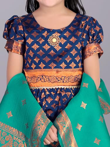 Image of Girls Pattu Pavadai Ready to Wear Lehenga, Blouse & Dupatta Set - Heavy Jacquard Fabric, Fully Stitched