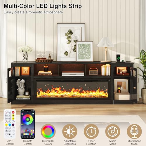 Image of Fireplace TV Stand for 100 Inch TV, 95 inch Farmhouse Entertainment Center with 60 inch Electric Fireplace & LED Lights, Large Media Console for Living Room, Rustic Barn Doors, Power Outlets,Black
