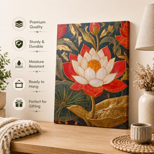 Image of PAINTINGMANTRA Traditional Indian Textured Embossed Lotus Canvas Wall Art Painting for wall decoration, Red & Gold Blooming Lotus Motifs Stretched Canvas Painting for living room, bedroom, Home and office, 16x22 Inch
